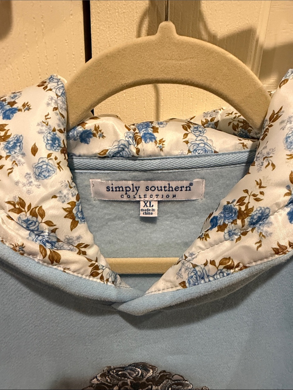 Simply Southern Light Blue Hoodie with Floral Bouquet and Pink Bows - Picture 2 of 6